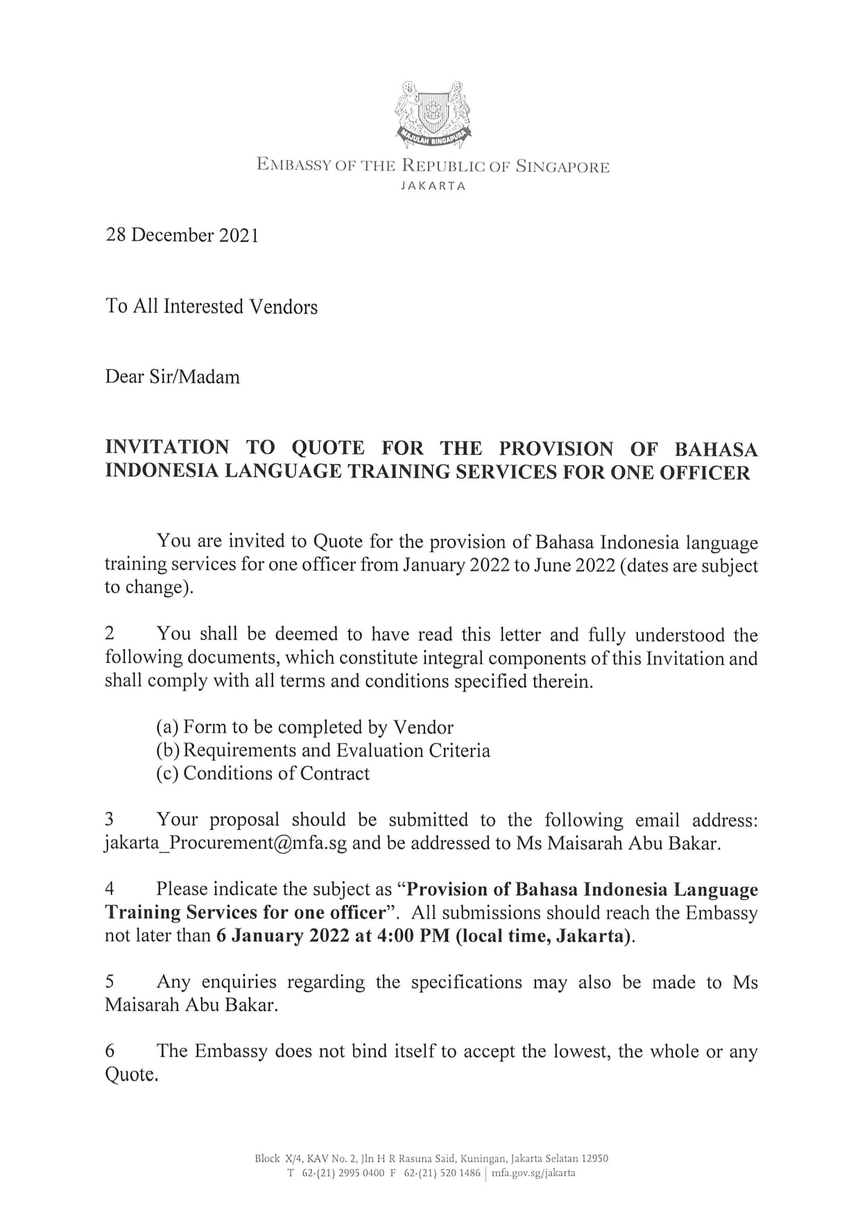 Official letter from the Embassy of the Republic of Singapore inviting quotes.